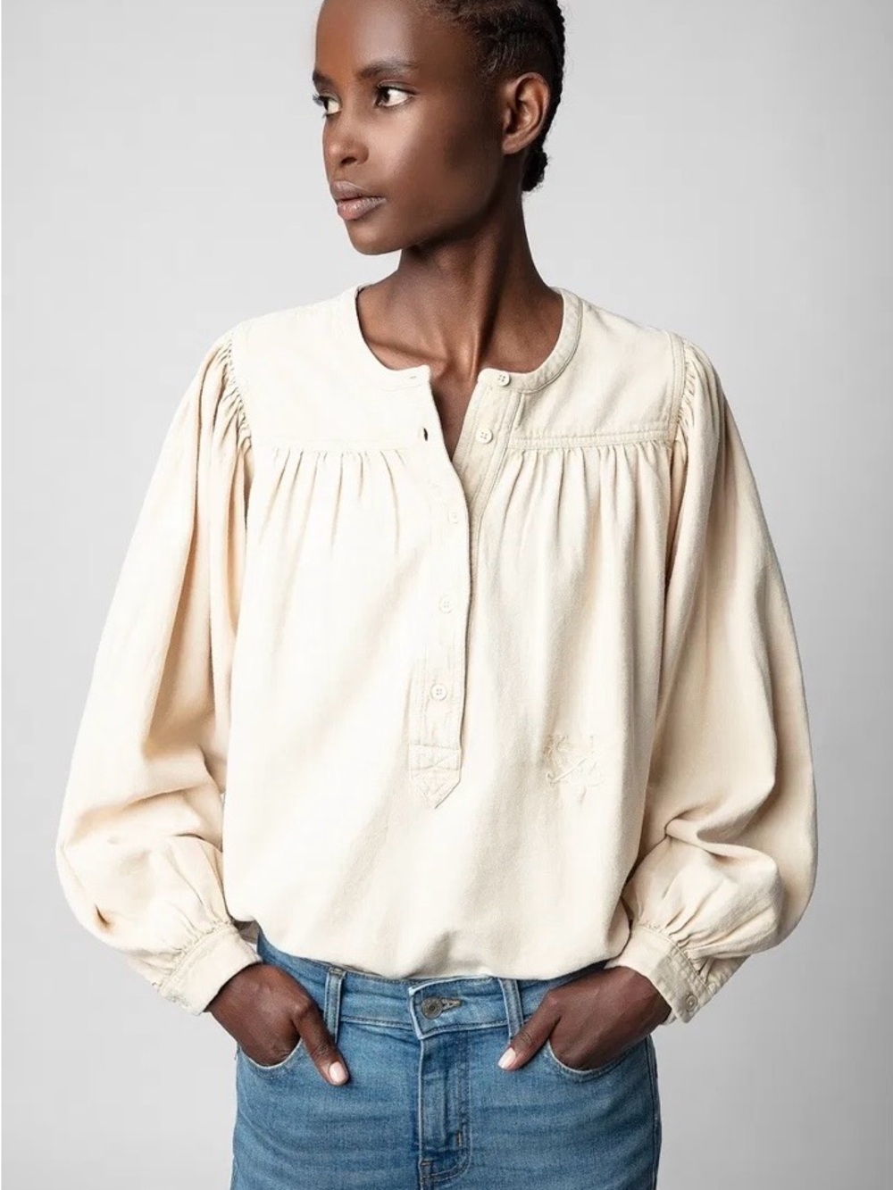 Zadig & Voltaire Tigy Cotón Twill Women's Cream Button-Front Peasant Blouse